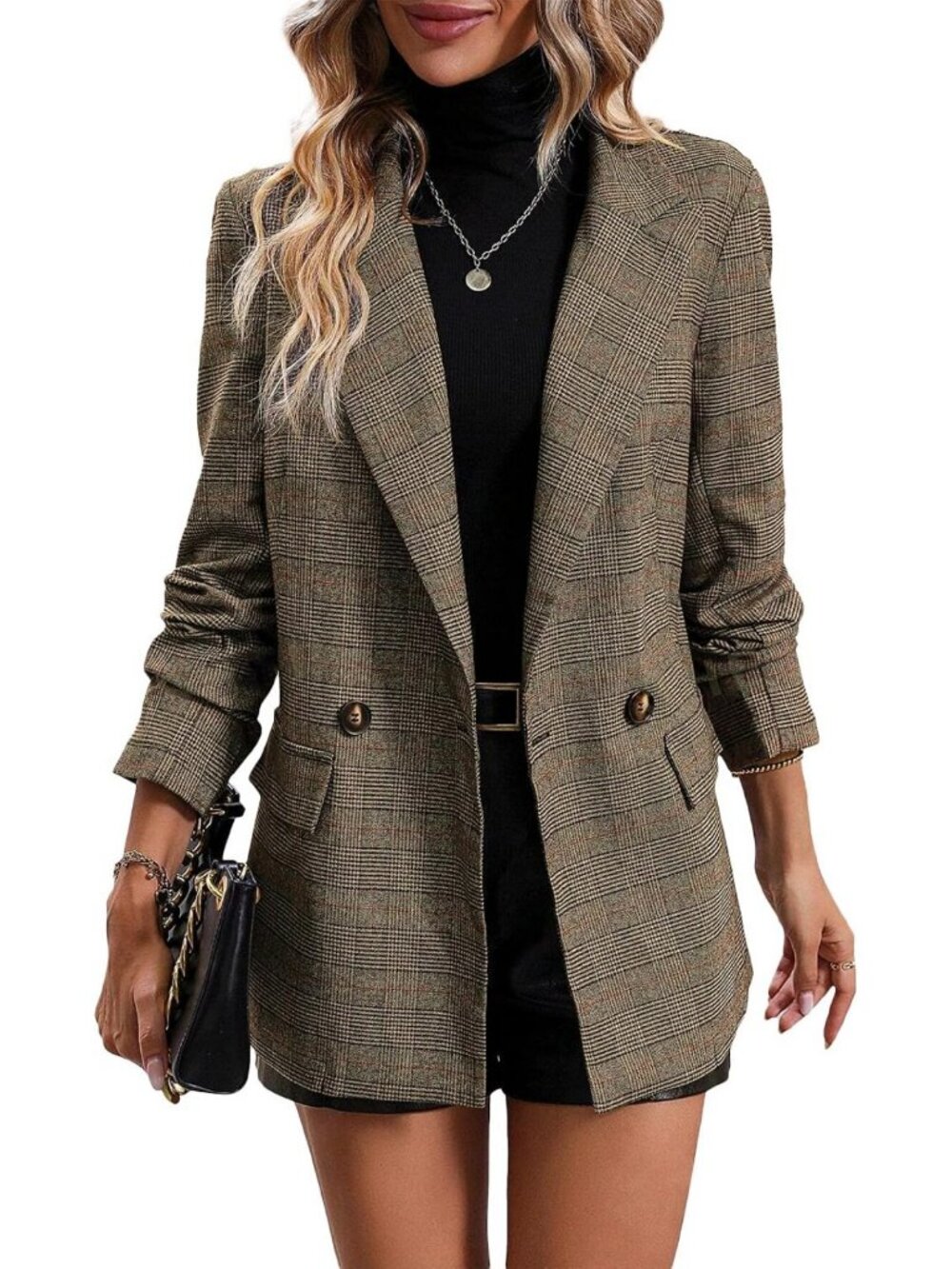 Chic Women's Fall Plaid Blazer - Houndstooth Jacket for Business Casual Style